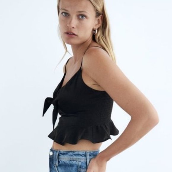 ZARA Cropped V-Neck Spaghetti Strap Bow Detail Tank Top - Picture 4 of 8